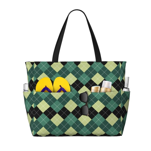 Fotbe Green Squares Bolsa de Viaje para Playa - Resistente al Agua, Bolsa Tote de Gran Capacidad y Ligera con 7 Bolsillos para Mujeres y Hombres