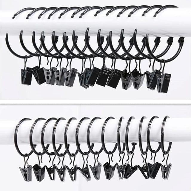 Metal Shower Curtain Ring with Clip, Can be Open and Close,Used for Household Drop Cloth Drapery Rod Hook and Bathroom Hanger, Rust-Proof Home Decoration-1" Interior Diameter (20 pcs Black)