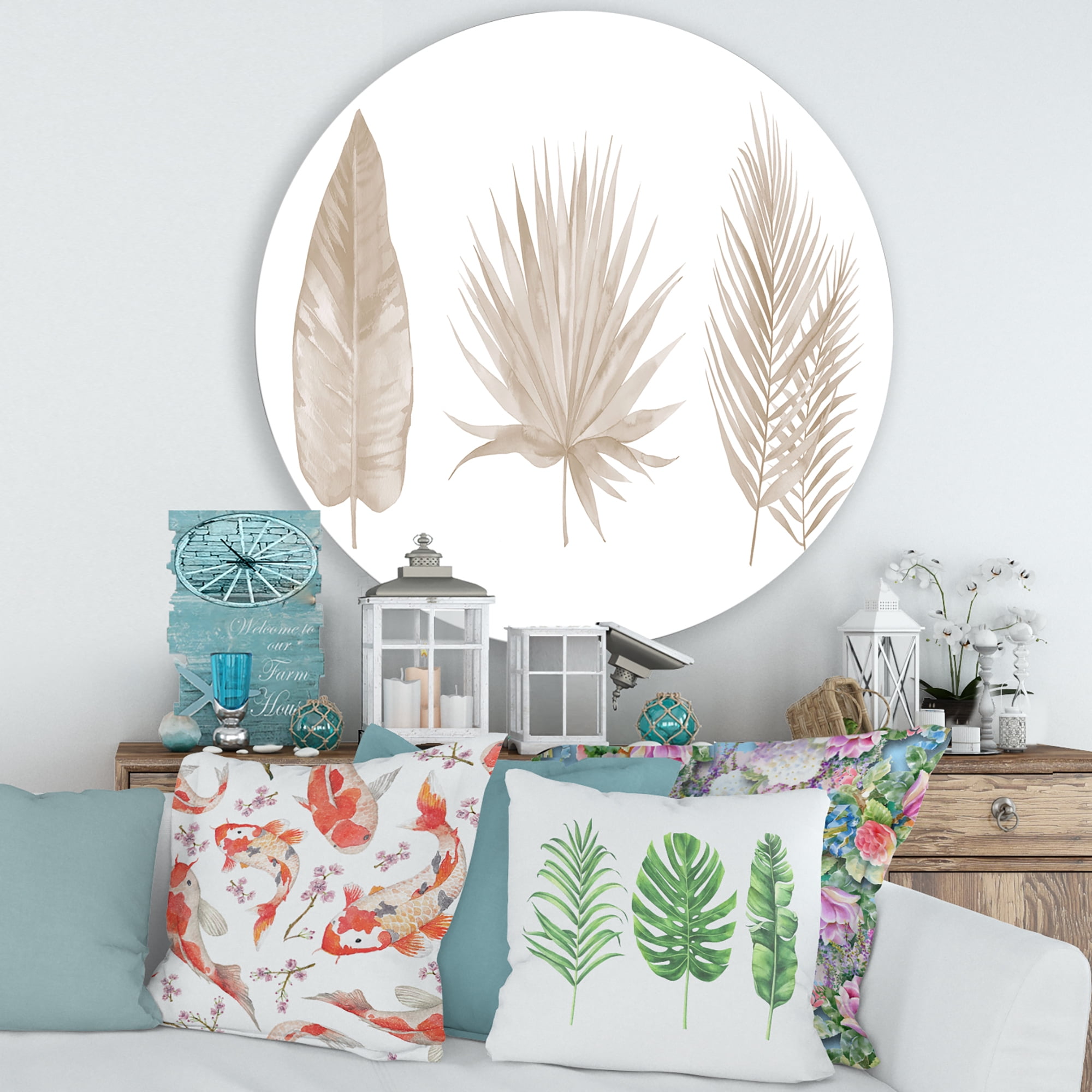 Designart 'Tropical Beiges Leaves On White' Traditional Circle Metal Wall Art 29x29 - Disc of 29
