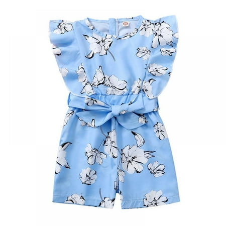

BULLPIANO Toddler Baby Girl s Summer Ruffled Flutter-Sleeve Jumpsuit Bow Tie Front Crewneck Romper 3-24 Months