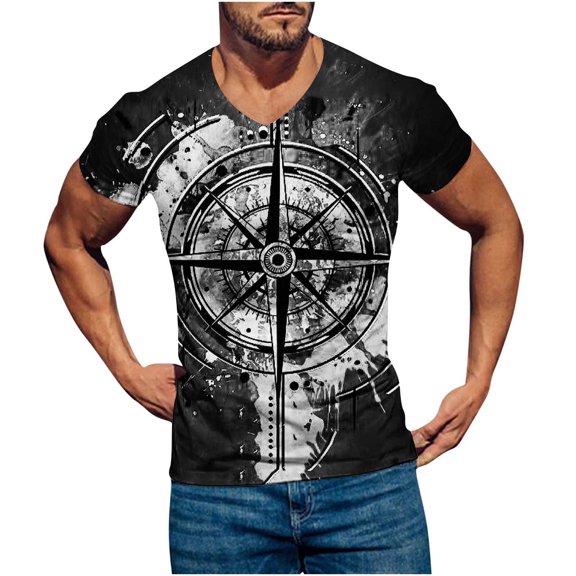 Herrnalise Independence Day Summer Shirts for Men Men's Cotton Shirt Short Sleeve Hippie Casual Beach T Shirts Compass printed V Neck Shirt for men