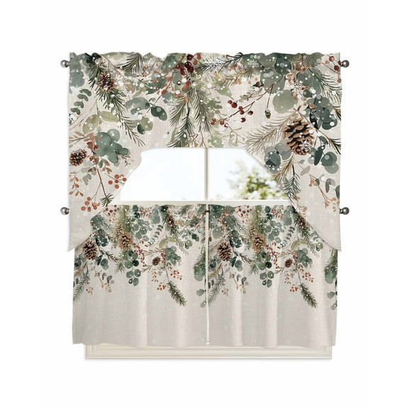 Christmas Kitchen Curtains Swag Valance and Tier Curtains Set 24 Inch Length, Xmas Botanical Pinecone Eucalyptus Leaves Rustic Rod Pocket Drape Panels Pair Swag Curtains for Bathroom/Cafe/Window