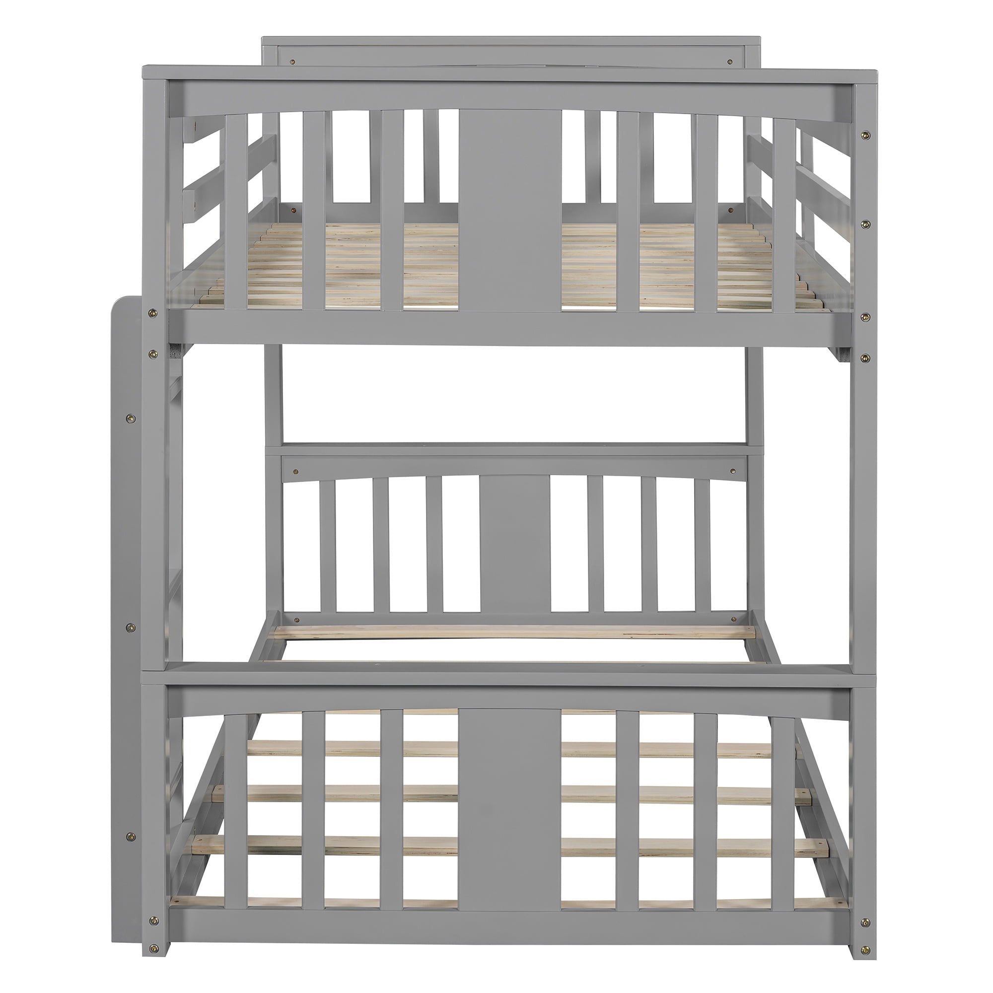 PORKISS Low Bunk Beds for Kids, New Upgraded Twin Over Twin Floor Bunk Bed with Ladder, Modern Bedroom Furniture Wood Bunk Bed for Boys Girls Teens, Easy Assembly, Gray