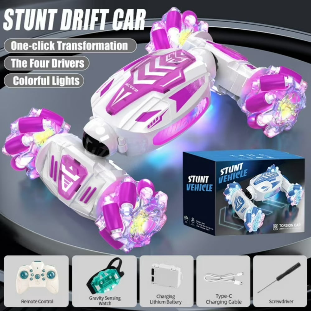 RC Stunt Car Gesture Sensing Remote Control with 2Batteries for Kids 360°Rotating 4WD Hand Controlled with Lights Music Birthday Gifts for Kids - Purple