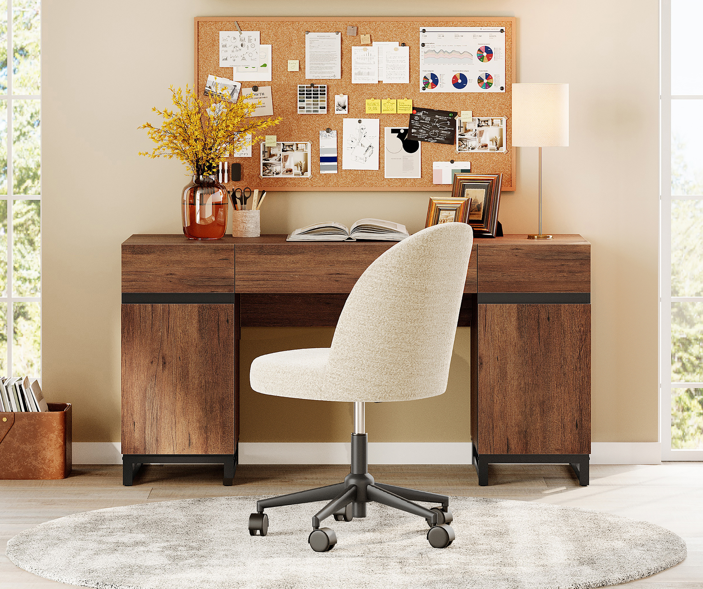 WAMPAT Office Furniture Set: 59in Modern Executive Desk with Charging Station and Drawers and Four 72in Tall Bookcases, Home Office Furniture for Living Room, Bedroom, Brown