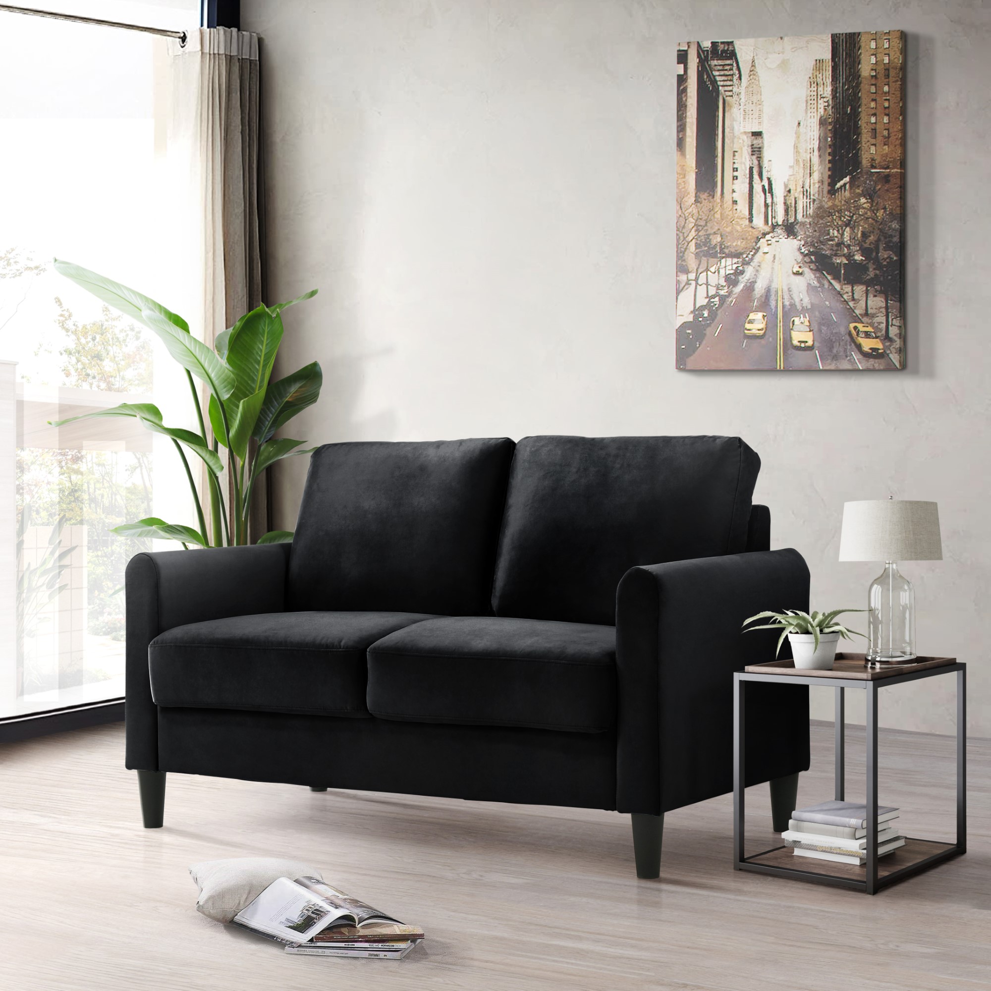 Home Design Airell Velvet Arm Loveseat with Plush Armrests and Sleek Black Legs, Modern Upholstered Design for Living Room, Black