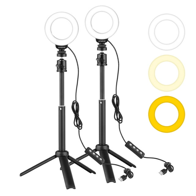 Andoer Mini 4 Inch LED Ring Light Kit with 2 * Ring Light 3200K-6500K Dimmable USB Powered + 2 * Desktop Tripod + 2 * Flexible Metal Ballhead for Live Streaming Online Teaching Video Conference