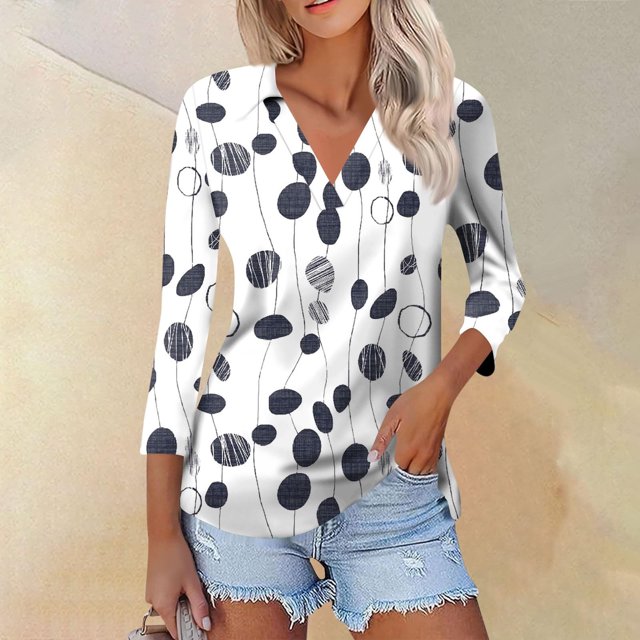 Fiudx Liquidación de Ahorros de Verano Blusa Informal de Manga 3/4 con Botones y Estampado de Cuello para Mujer