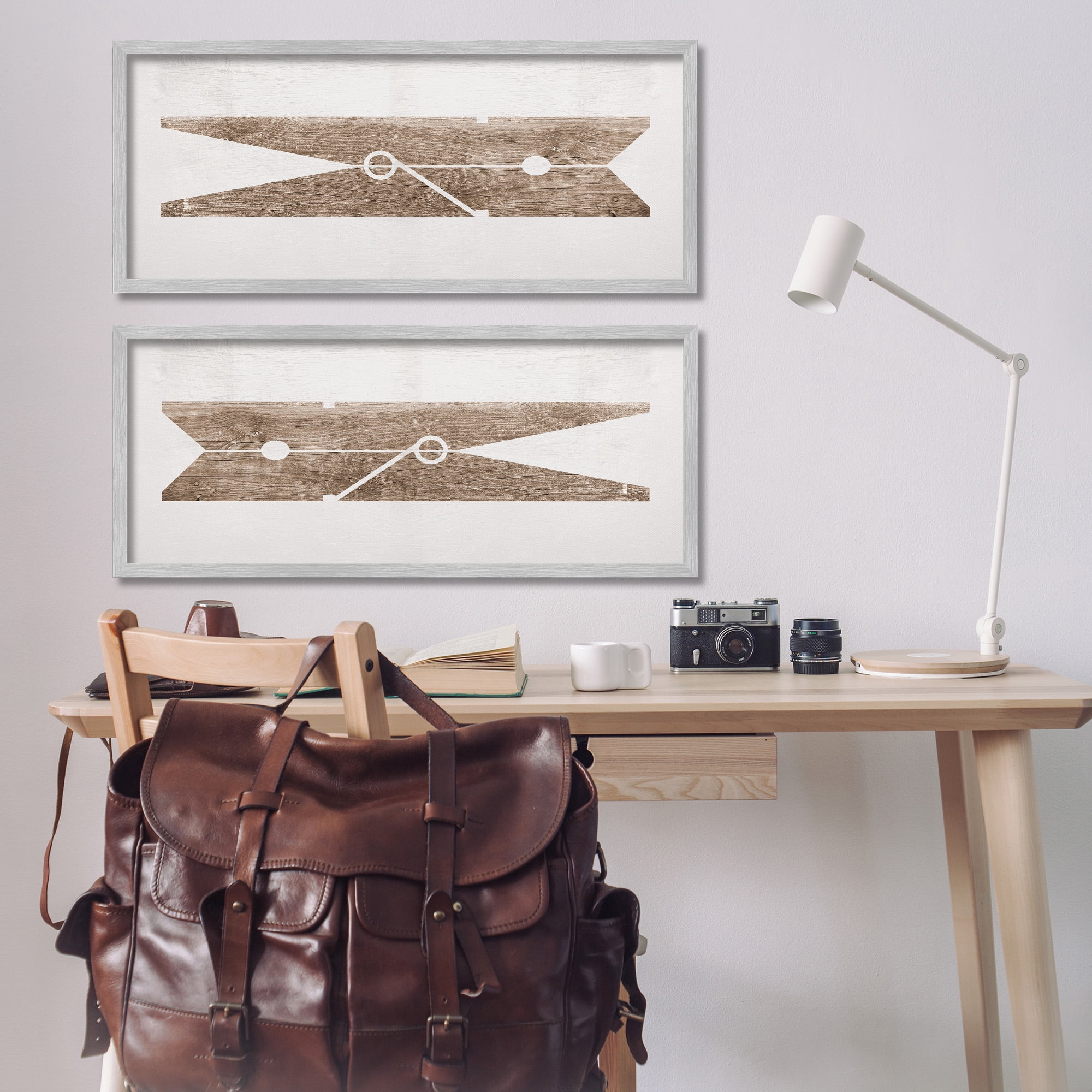 Stupell Industries Minimal Laundry Clothespins Abstract Painting Gray Framed Art Print Wall Art, 30 x 13, Set of 2