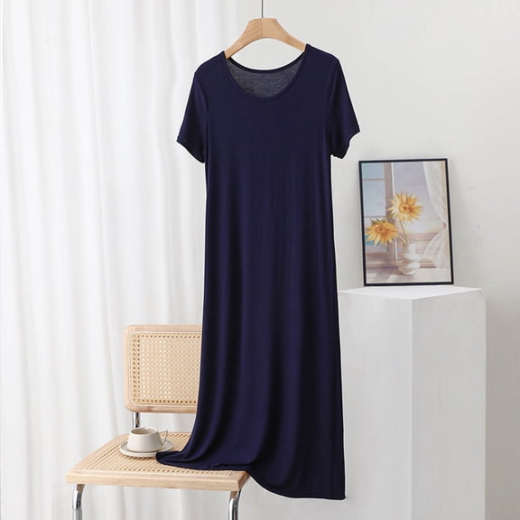 ZyeKqe Long Nightgown for Women Crewneck Short Sleeve Casual Lightweight Loose Comfy Loungewear Sleep Shirts Maxi Dress