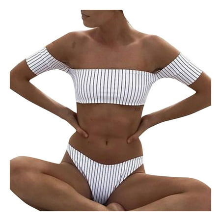 QLEICOM Womens Swimsuits Tummy Control Plus Size Swimsuit Coverup Sexy Bandage Stripe Two Pieces Bikini Set Halter Swimsuit Beach Bathing Suit Blue S