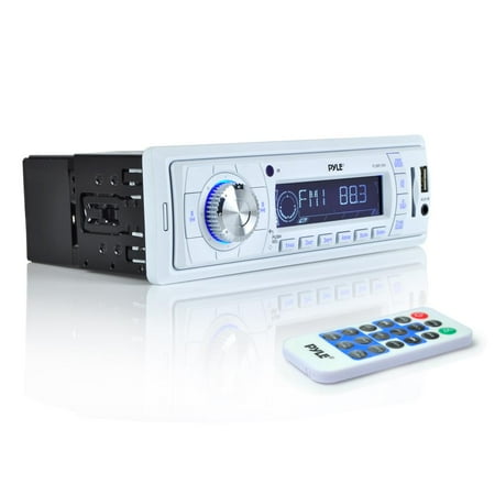 Pyle PLMR19W - Stereo Radio Headunit Receiver, Aux (3.5mm) MP3 Input, USB Flash & SD Card Readers, Remote Control, Weatherband, Single DIN (White)