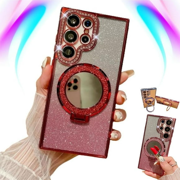 Transmitg para Samsung Glitter Rhinestones Funda magnética con soporte invisible y espejo cosmético, galvanizado 4 esquinas Airbag Anti-caída Degradado Cubierta Protector de lente de cámara (rojo, par