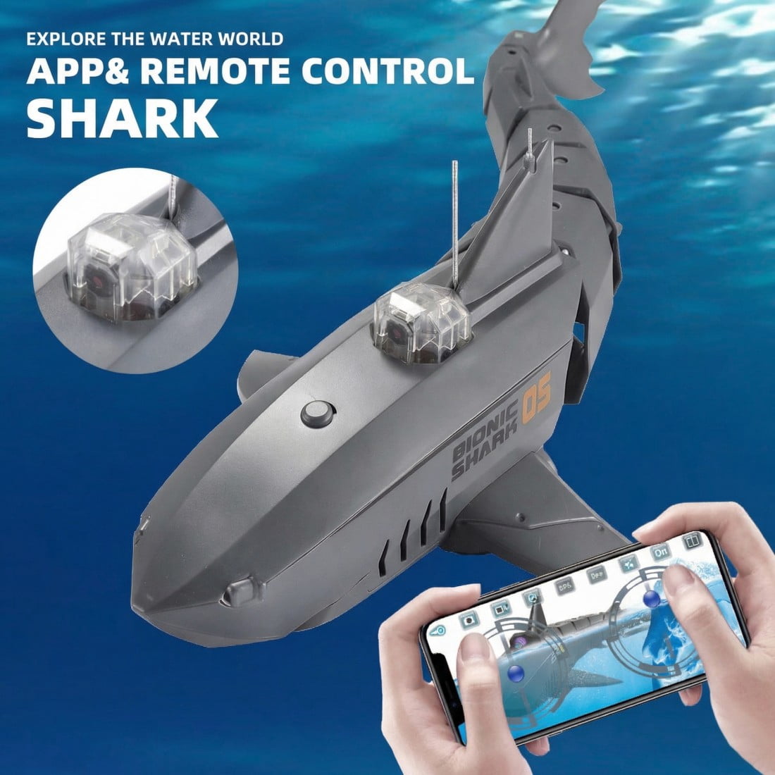 Remote-Controlled Shark with HD Underwater Camera, 2.4G Remote & APP Control Real-Time FPV Video Simulation Shark RC Boat with Dual Propeller System for Pool Lake Outdoor Water Play