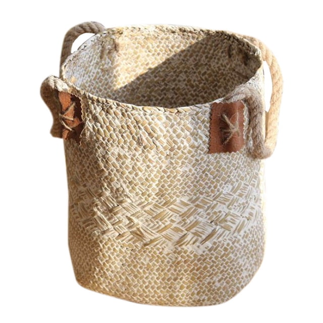 Cesta De Mimbre De Mimbre Tejida Con Césped Natural, Soporte Para Macetas De Jardín, Blanco L Magideal Moderno