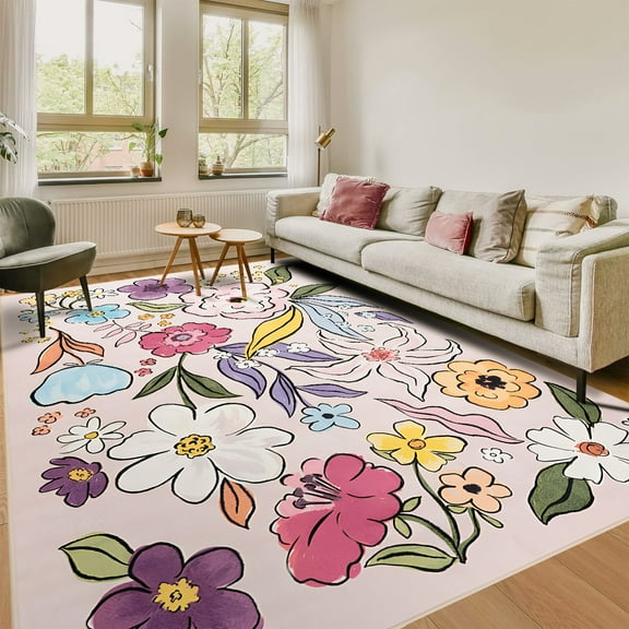 Ultrug Floral Area Rugs Boho Rugs Flower Print Carpet for Bedroom Living Room Office Nursery Home Decor,4'x6',Pink