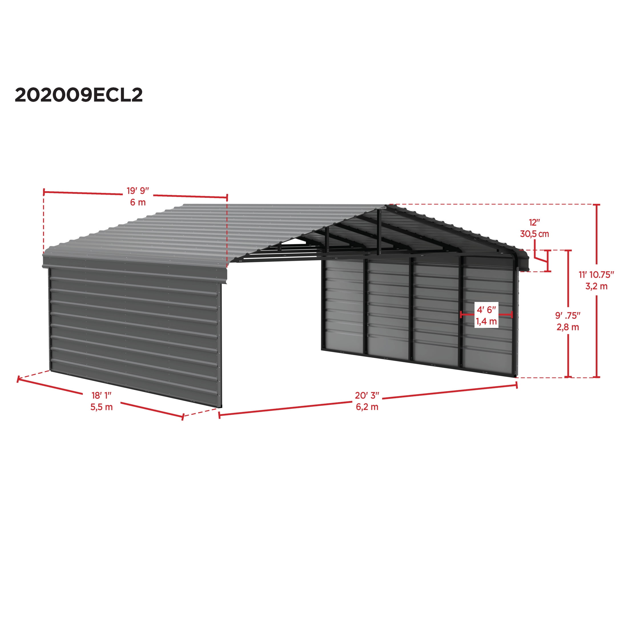 Arrow 20 x 20 x 9 ft Charcoal Steel Carport With 2 Side Wall Kit