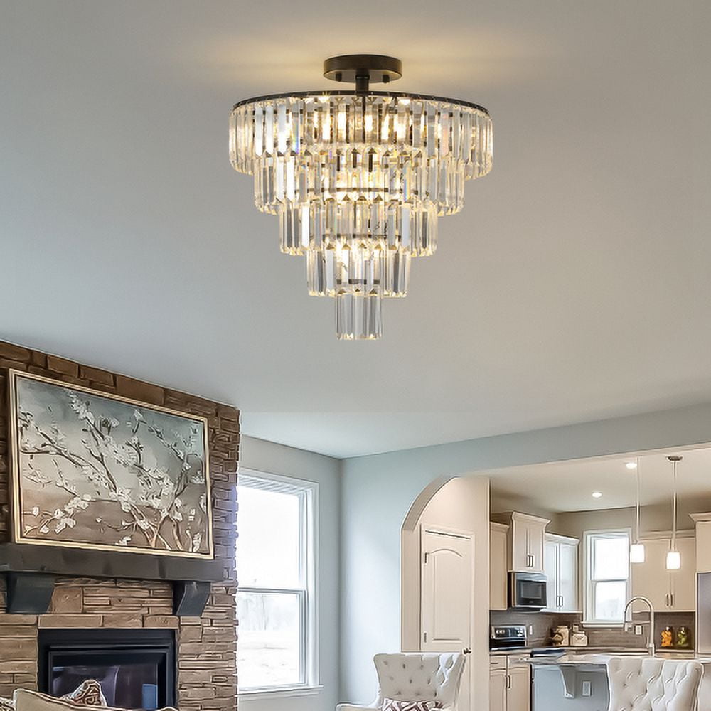ACE-LIGHTS,5-Tier Black Crystal Semi Flush Mount Chandelier Light Fixture,Large Contemporary Luxury Ceiling Lighting for Living Room,Bedroom,Dining Room,Hallway,Restaurants,Holels,Bars(Black)