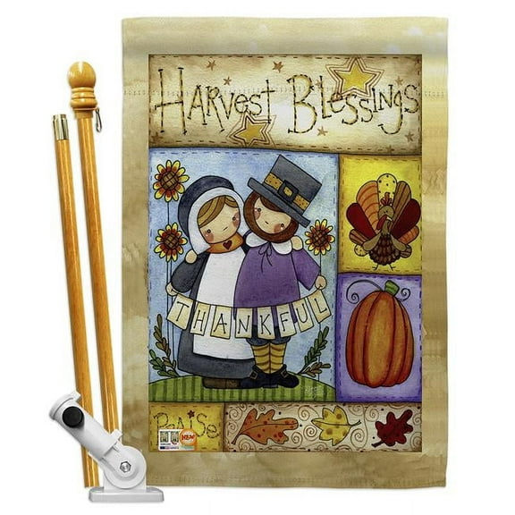 BD-TG-HS-113057-IP-BO-D-US16-AL 28 x 40 in. Thankful Pilgrims Fall Thanksgiving Impressions Decorative Vertical Double Sided House Flag Set with Pole Bracket Hardware