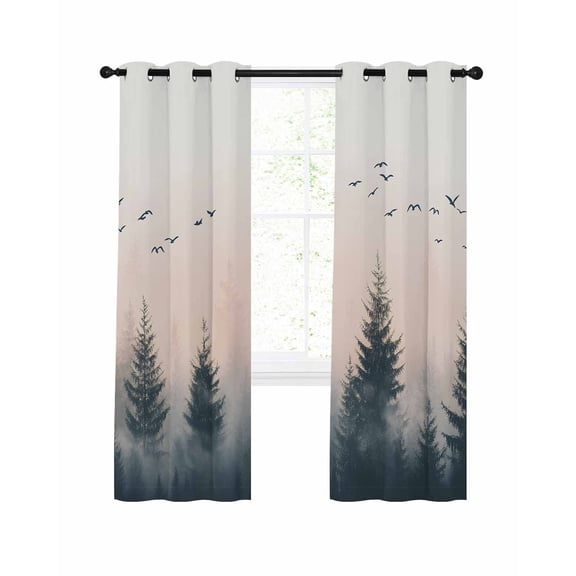 Rustic Foggy Forest Blackout Curtains 54 Inches Long for Bedroom, Watercolor Trees Birds Landscape Thermal Insulated Room Darkening Black Out Window Curtain Panels Grommet Drapes for Living Room