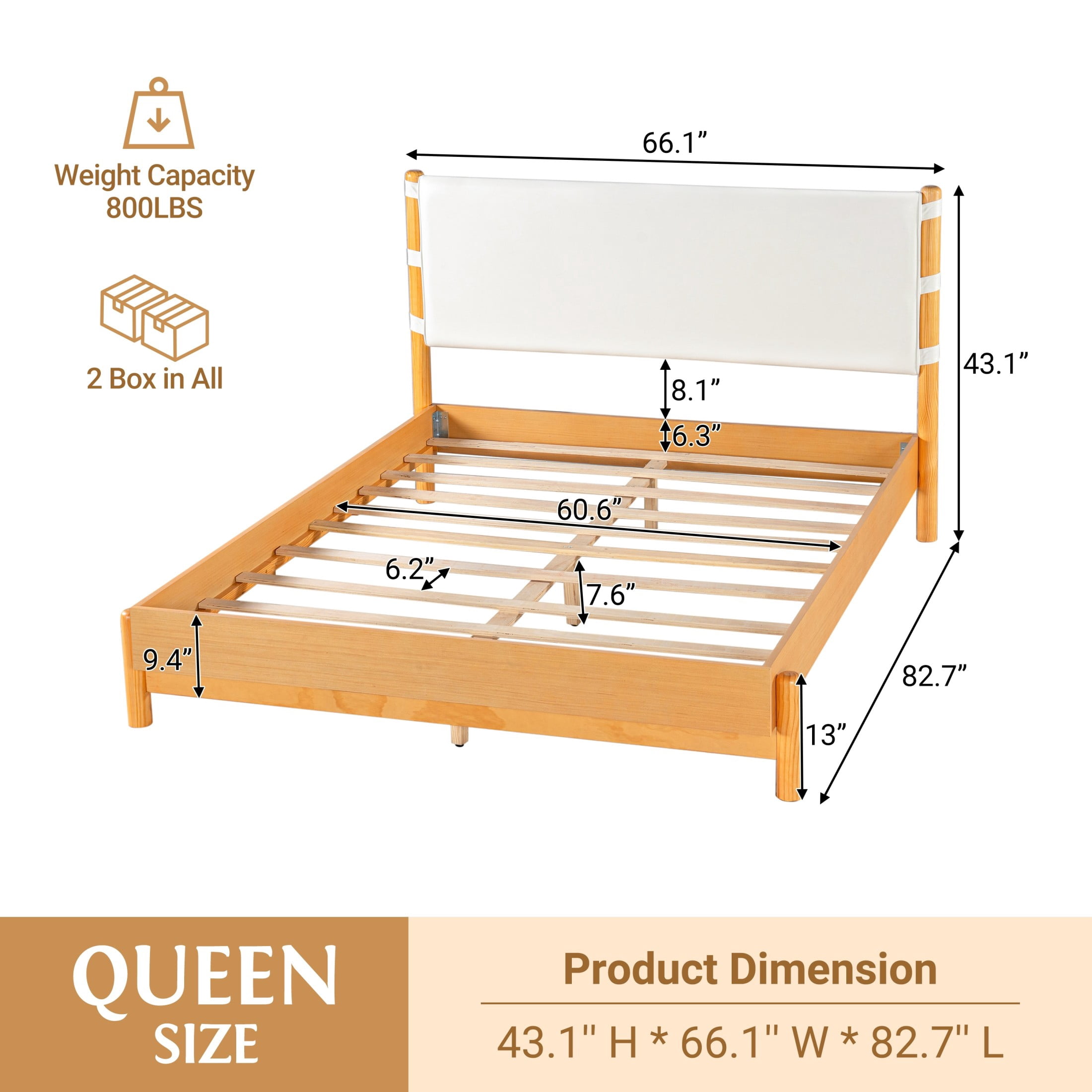 Christopher Knight Home Queen Modern Wood Platform Bed with PU Upholstered Headboard, Oak+Beige