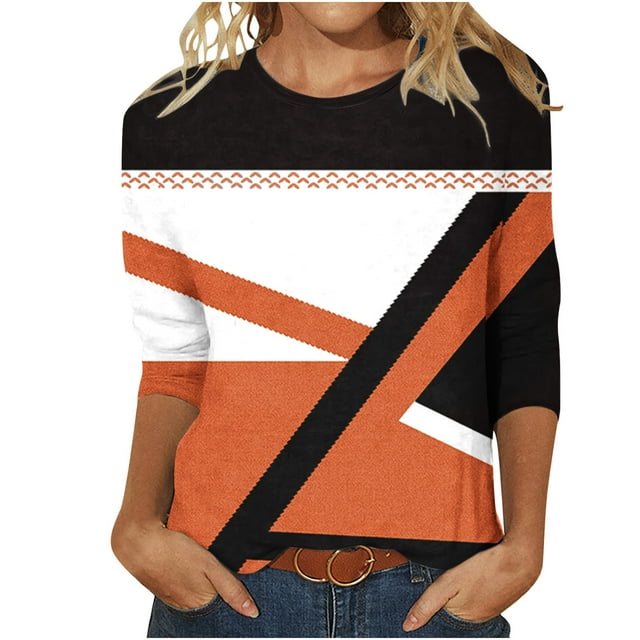 FAIWAD Womens 3/4 Sleeve Tops Round Neck Spring Trendy Tunic Tops Color Block Loose Pullover Tops