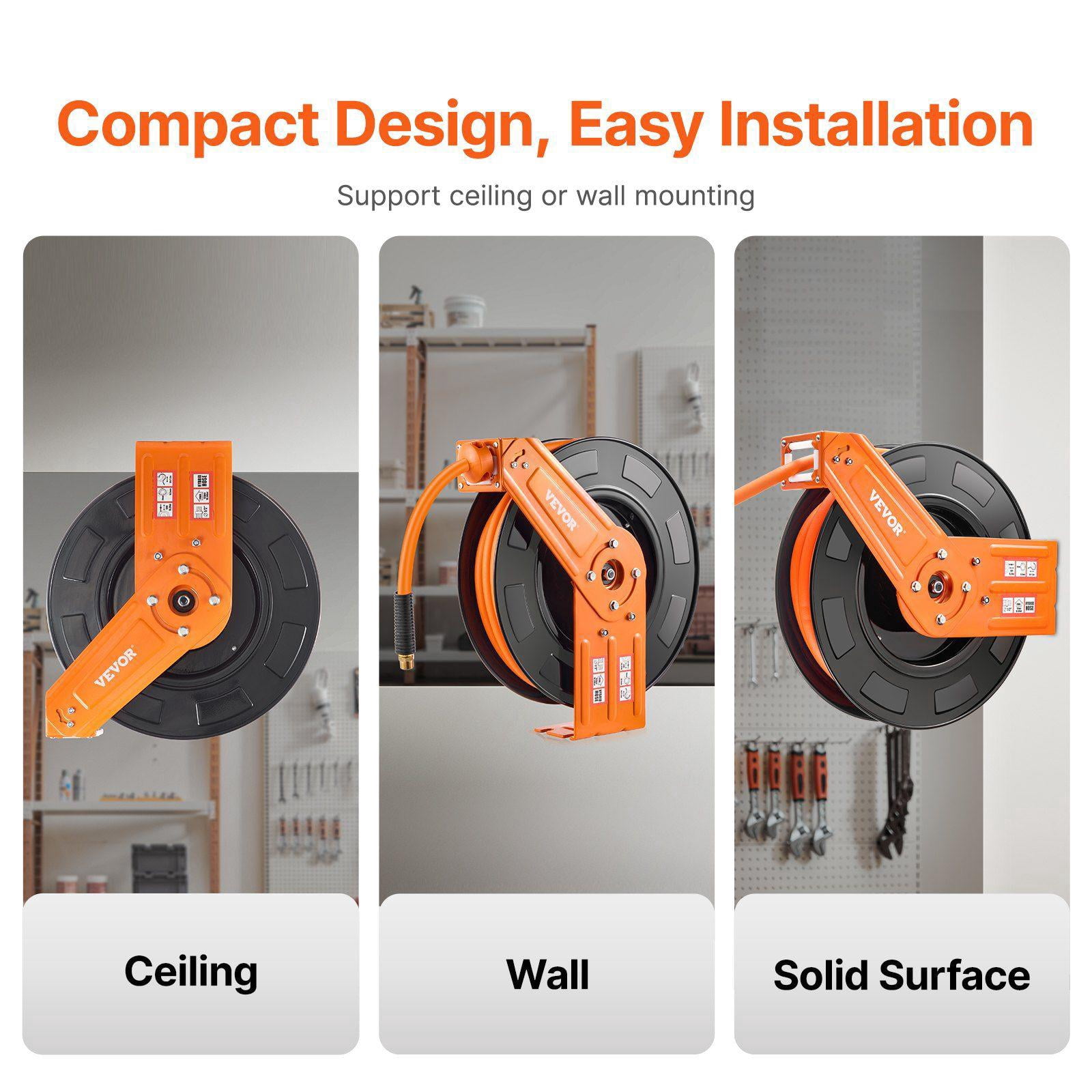 Retractable 1/2 Inch x 50 FT Hybrid Air Hose Reel 300 PSI Auto Rewind Heavy Duty Steel Ceiling Wall Mount with 5FT Lead and 1/2 NPT Fitting