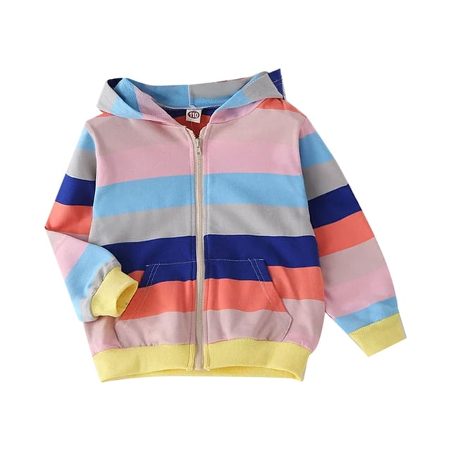 Aocisk Chandail à Capuchon pour Filles, Mode, Arc-en-Ciel à Rayures, Mi-Long, Col Rond, Manches Longues, Haut Orange, 2-3 Ans