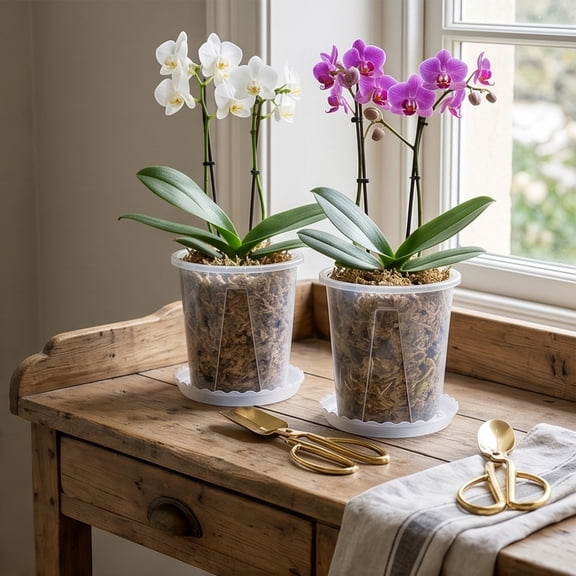 Clear Plastic Orchid Pots with Drainage Holes and Matched Saucers, Breathable Transparent Flower Containers, Professional Bonsaiers Specially for Phalaenopsis/Indoor Potted Flower Cultivation, D