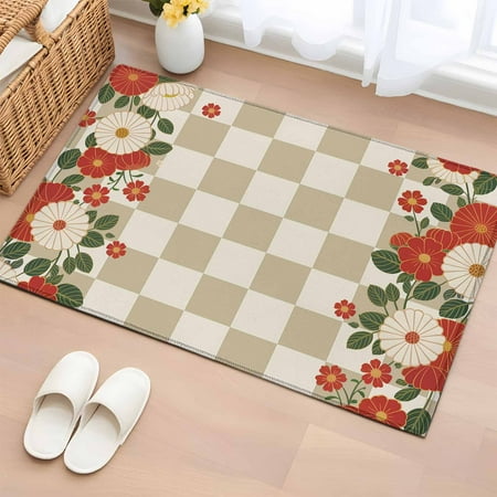 2x3 Ft Entryway Area Rug Beige Plaid Kitchen Rug Runner Washable Floor Mat Red Floral Japanese Abstract Buffalo Lattice Non Slip Indoor Door Mat Throw Carpet for Bathroom Living Room Bedroom