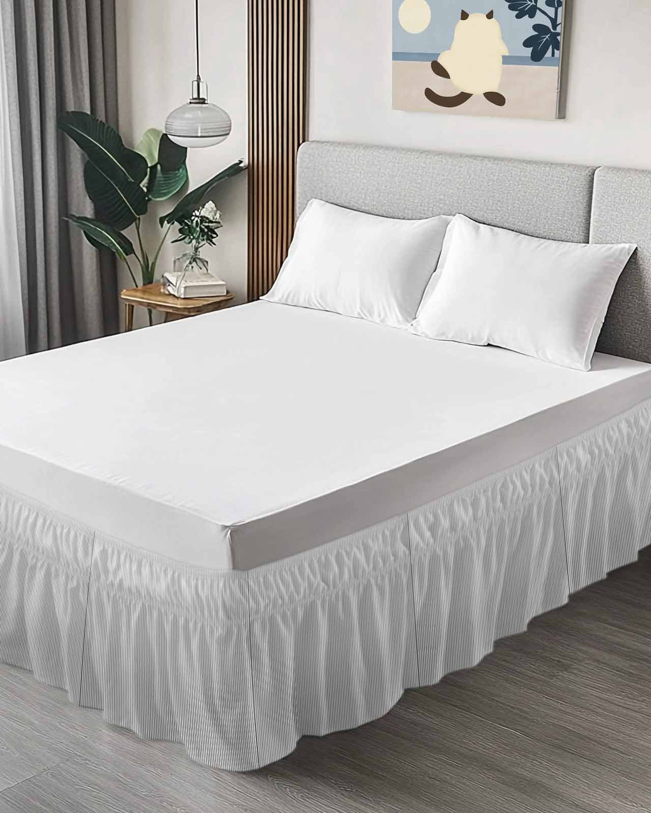 Gray Striped Wrap Around Bed Skirts for Queen Bed 16" Drop,Bed Skirt with Adjustable Elastic Belt Dust Ruffle Bed Valance for Bedroom Hotel Modern Minimalist Vertical Stripes Lines Bed Frame Cover