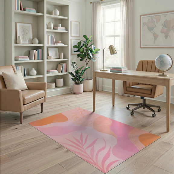 ODIKA 4'x6' Pink Agate Gemstone Inspired Design Washable Area Rug Abstract Botanical and Wave Patterns for Home Office, Under Desk, Non-Slip Chair-Friendly, Flatwoven