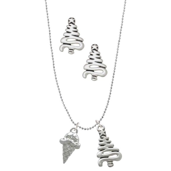 Delight Jewelry Silvertone Ice Cream Cone Silver tone Zig Zag Christmas Tree Charm Necklace and Stud Earrings