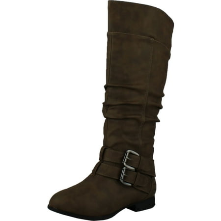 Top Moda Womens Coco-20 Knee High Round Toe Buckle Slouched Riding Flat Boots