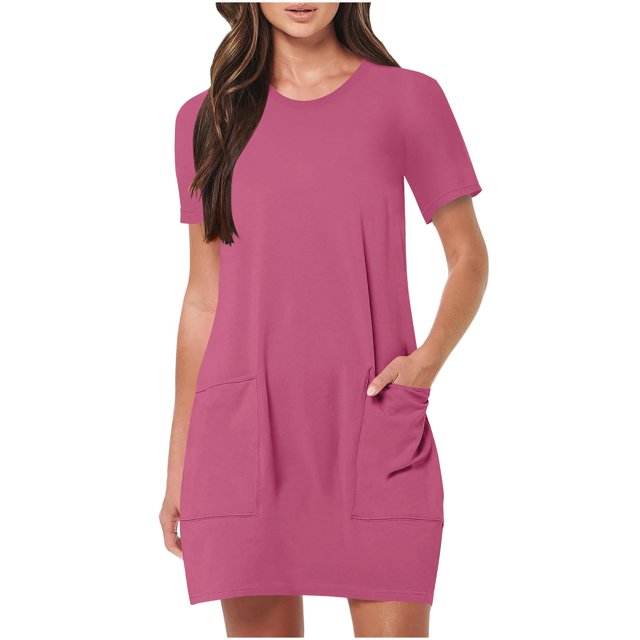 Mgmyaa Robe T-Shirt Décontractée pour Femmes avec Poches, Col Rond, Manches Courtes, Mini Robes avec Poches