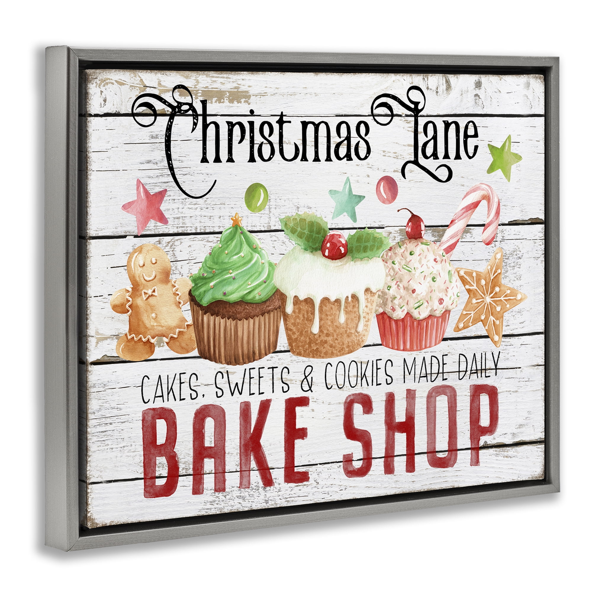 Stupell Industries Christmas Lane Bake Shop Holiday Painting Gray Floater Framed Canvas Art Prints Wall Art, 21 x 17