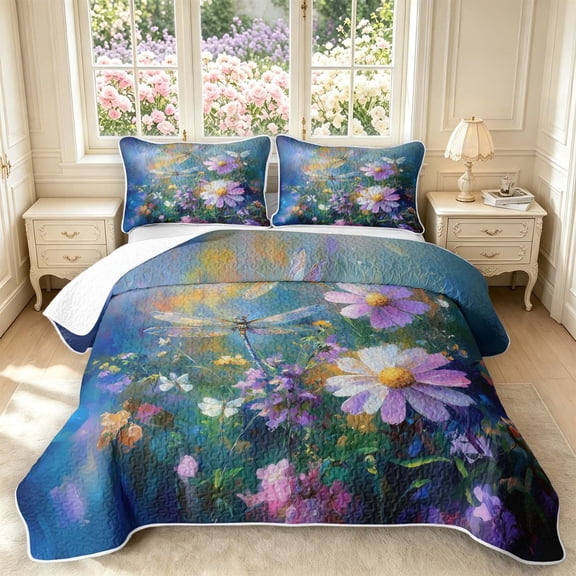 Erosebridal Cute Dragonfly Twin Quilt Set,Cartoon Watercolor Flower Twin Coverlet Set,Blue Purple,2 Pieces,1 Bedspread and 1 Pillowcase