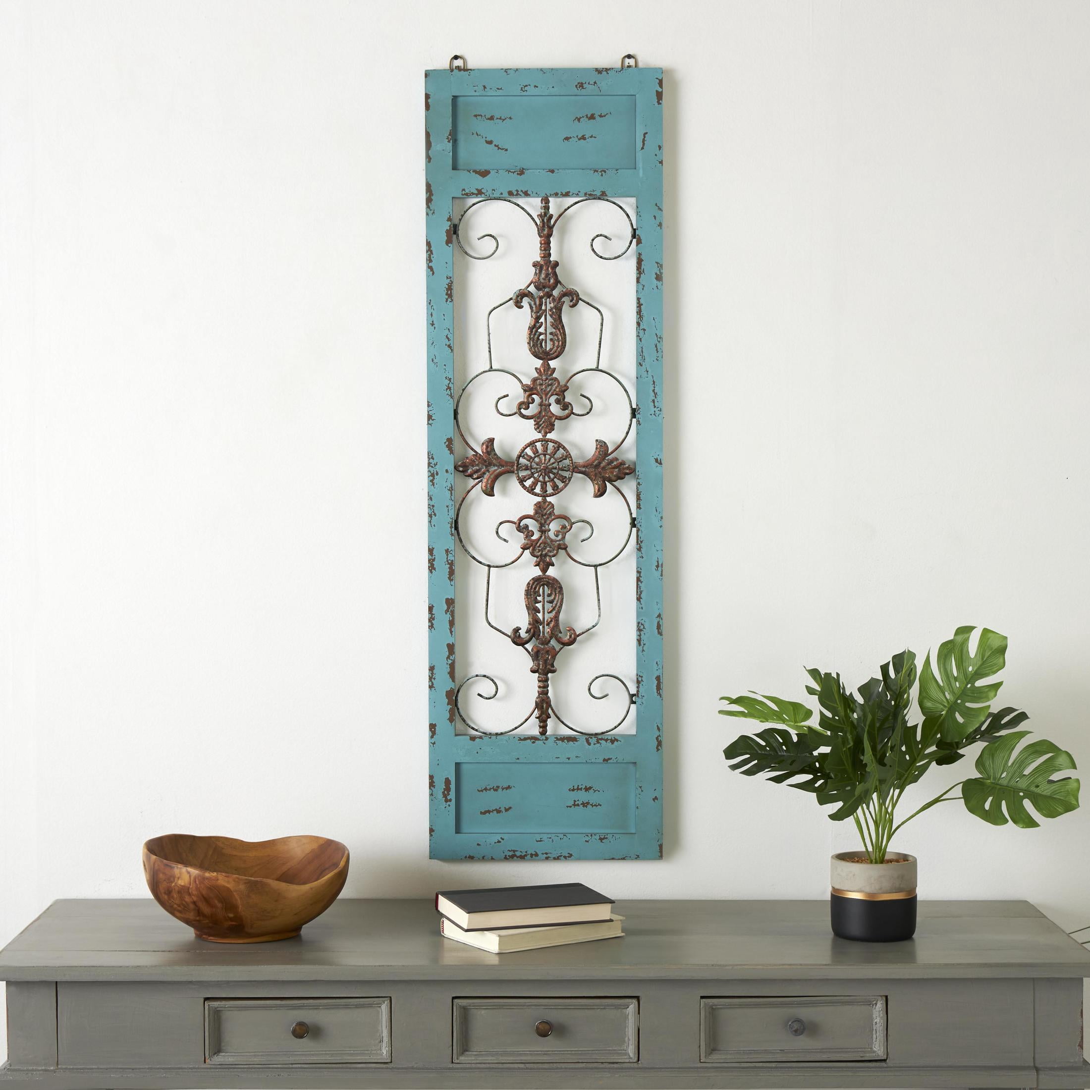 DecMode Teal Wood Arabesque Scroll Wall Decor with Metal Fleur De Lis Relief