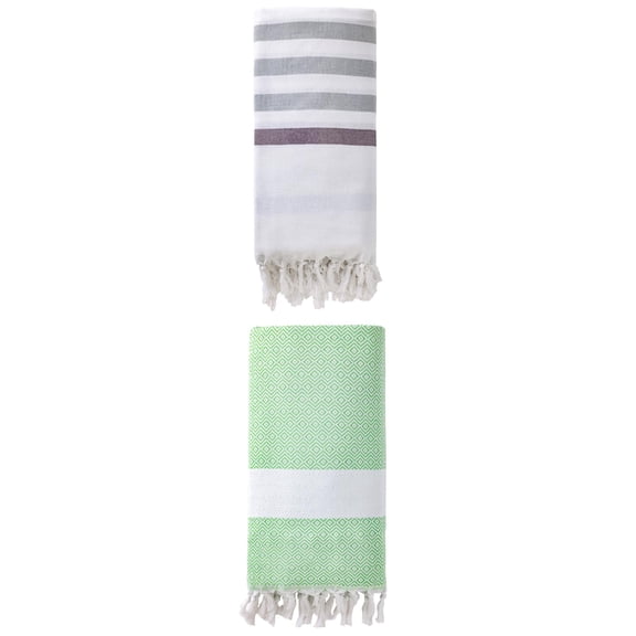 Unique Bargains 2 Pack Turkish Striped Tassel Trim Beach Towels Blue/Green 71"x40"
