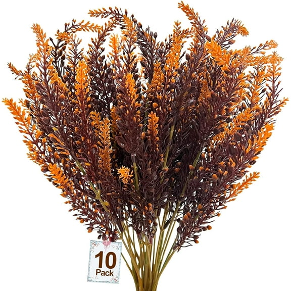 10 Bundles Artificial Fall Flowers Outdoor Fall Decor Artificial Lavender Flowers UV Resistant Fake Fall Plants Faux Fall Flowers Autumn Thanksgiving Decorations Home Indoor Garden(Brown)