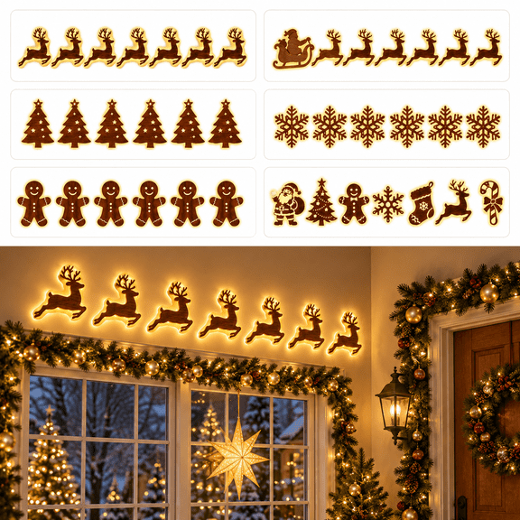 3D Light Up Wooden Reindeer Wall Decor, 7 Piece Lighted Wall Decor Set, Christmas Tree Style for Indoor Window Entryway and Holiday Home Decoration