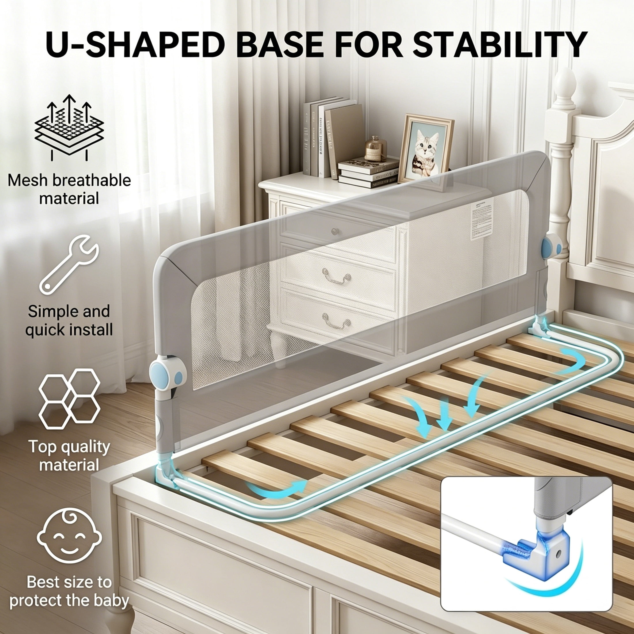 Haelhorneger Toddler Bed Rail, Swing Down Safety Bed Guardrail, Universal Fit for Twin Full Queen Mattresses, Sturdy & Easy Install, White