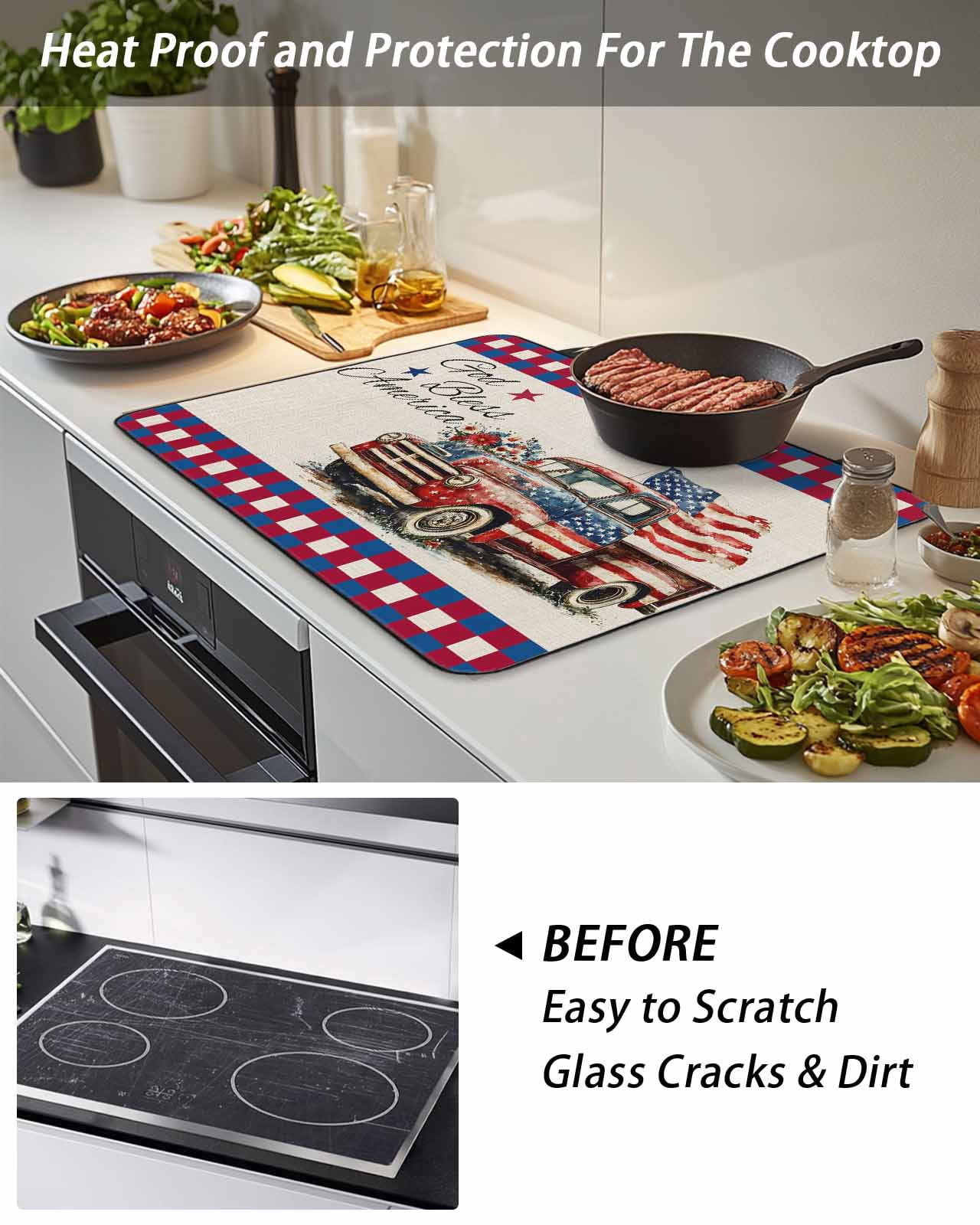 Stove Top Covers for Electric Stove 28.5x20.5 Inches, 4th of July Heat Insulation Fireproof Glass Cooktop Protector, Independence Day Truck Red Blue Rustic Countertop Stovetop Cover for Kitchen