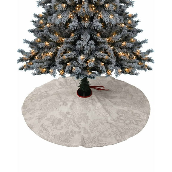 Vintage Beige Flower Christmas Tree Skirt 48 Inches Large Christmas Skirt Tree, Modern Ethnic Botanical Tree Skirt Christmas Decorations for Fireplace Party Holidays Indoor Outdoor