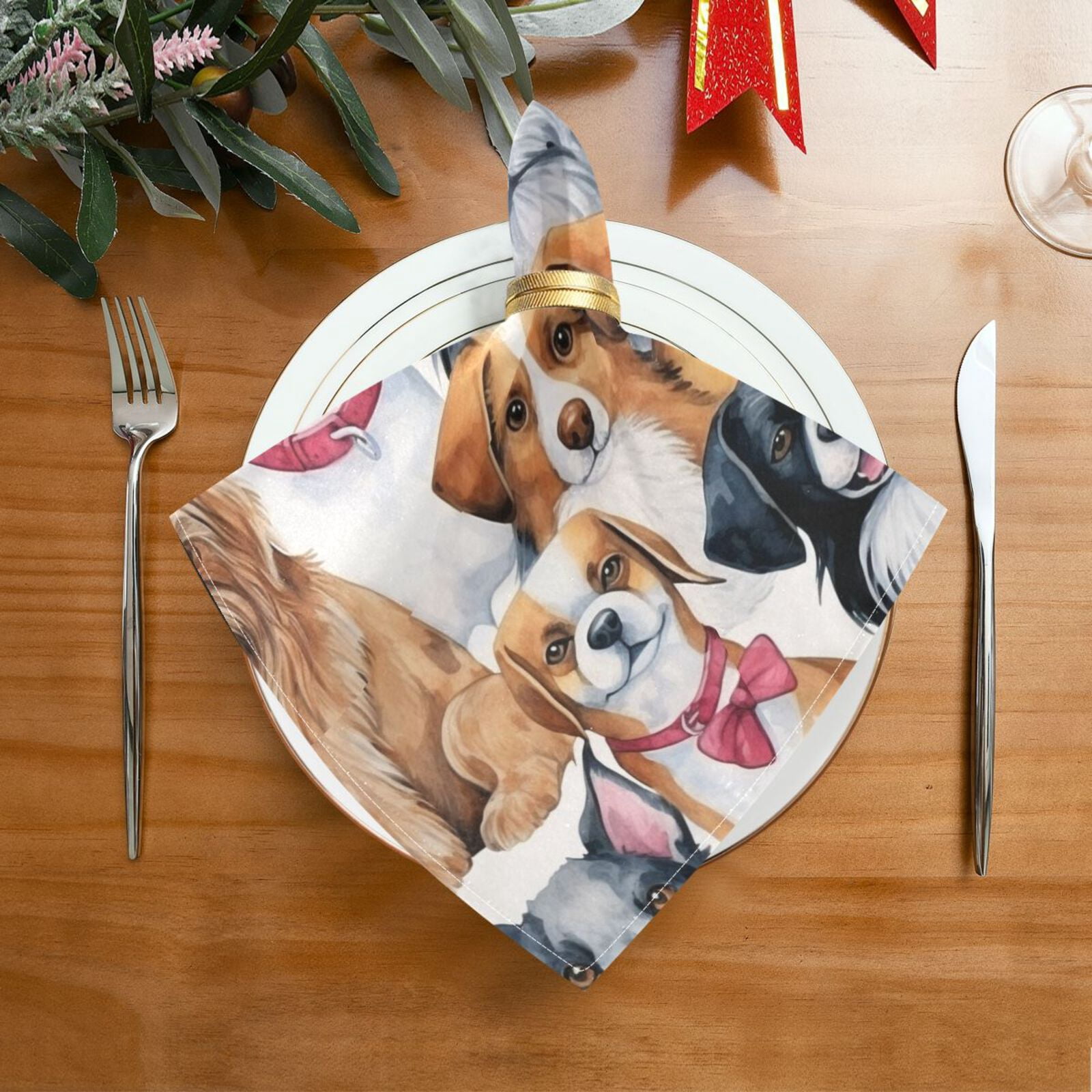 JSTEL Cute Dogs Puppy Prints Watercolor Cloth Napkins Set of 6, 20x20 Inch Washable and Reusable Napkin for Decoupage Dinner Party Everyday Use