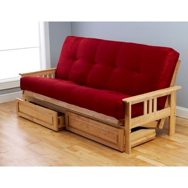 Woodbury Full Size Futon Sofa and Drawer Set, Natural Finish Hardwood
