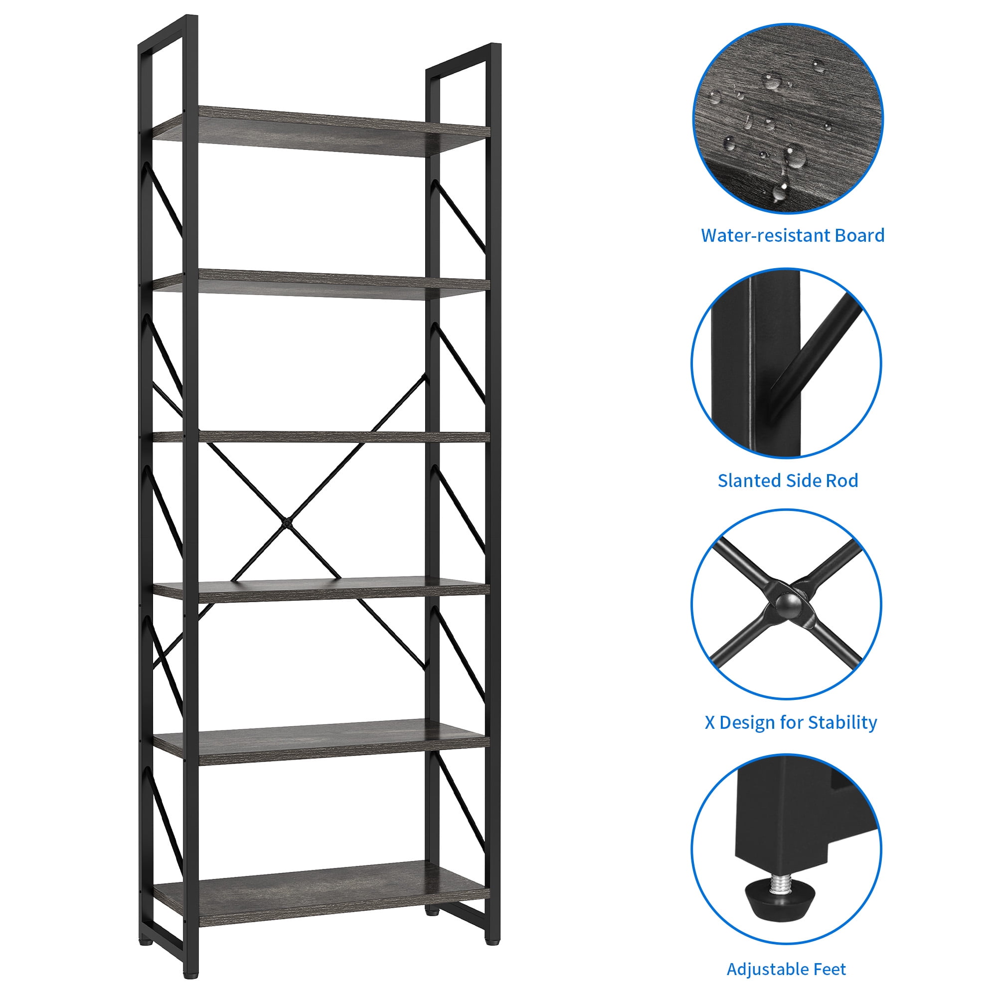 Dextrus 6 Tiers Ladder Bookshelf, 69 inch Classically Modern Freestanding Bookcase,Modern Open Display Storage Organizer Book Shelves in Living Room/Home/Office, Black & Gray