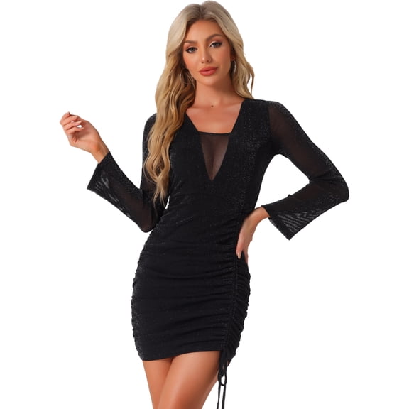 DARING DIVA Drawstring Side Mesh Sheer Glitter Bodycon Dress XS Black