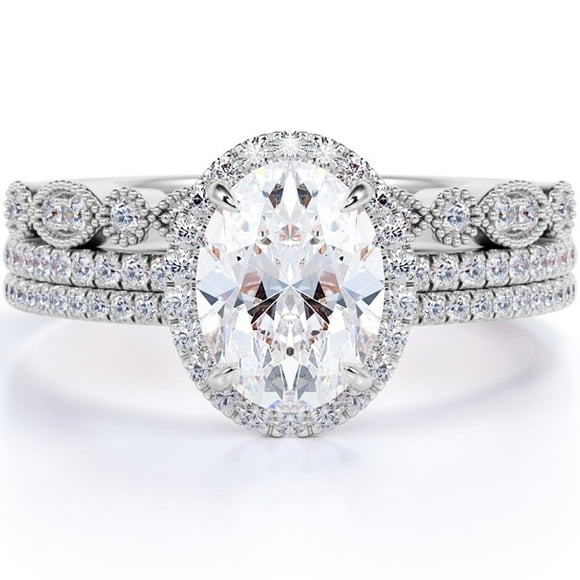 JeenMata Juego de Trío de Anillos de Boda Exclusivos de Moissanita Real de 2 Quilates con Anillo de Compromiso y 2 Alianzas de Boda en Oro de 18 K sobre Plata