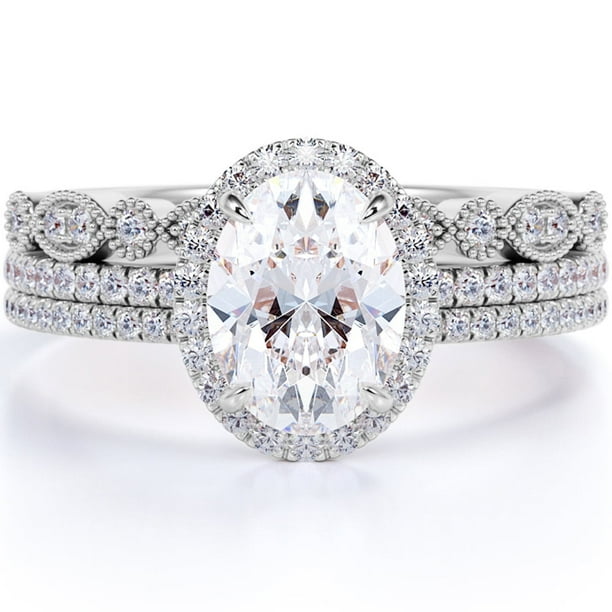 JeenMata Juego de Trío de Anillos de Boda Exclusivos de Moissanita Real de 2 Quilates con Anillo de Compromiso y 2 Alianzas de Boda en Oro de 18 K sobre Plata